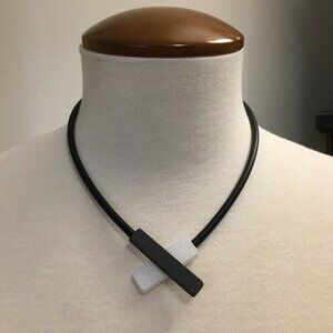 Mod Black White Wood Criss Cross Necklace Geometric Magnetic Artisan Pendant